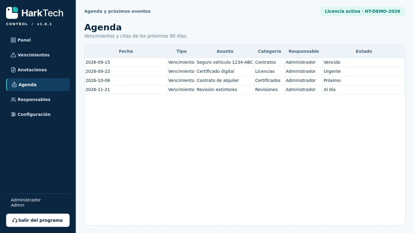 Echter Screenshot der Agenda von HarkTech Control