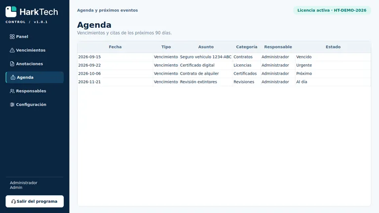 Echter Screenshot der Agenda von HarkTech Control