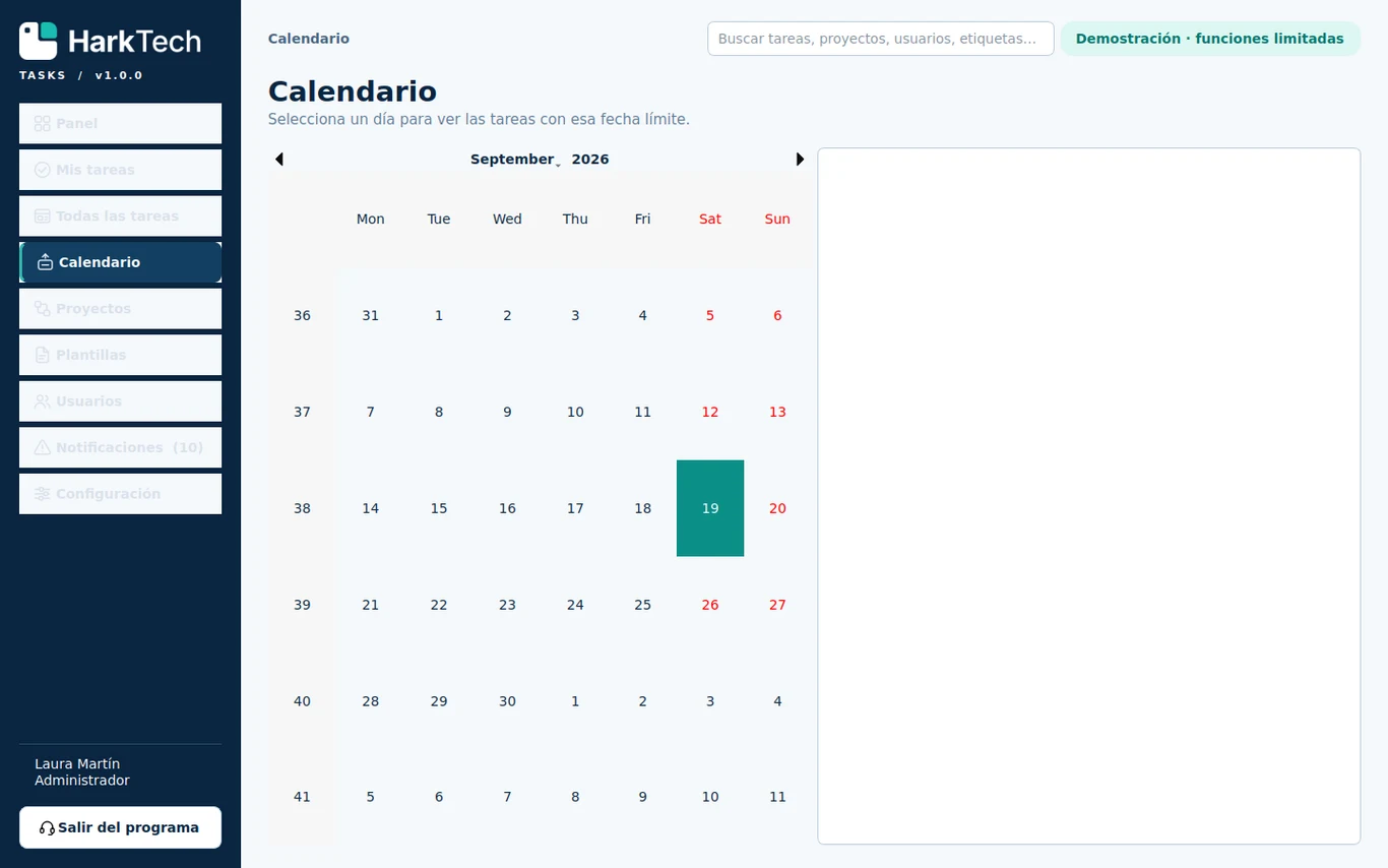 Captura real de HarkTech Tasks: vista de calendario