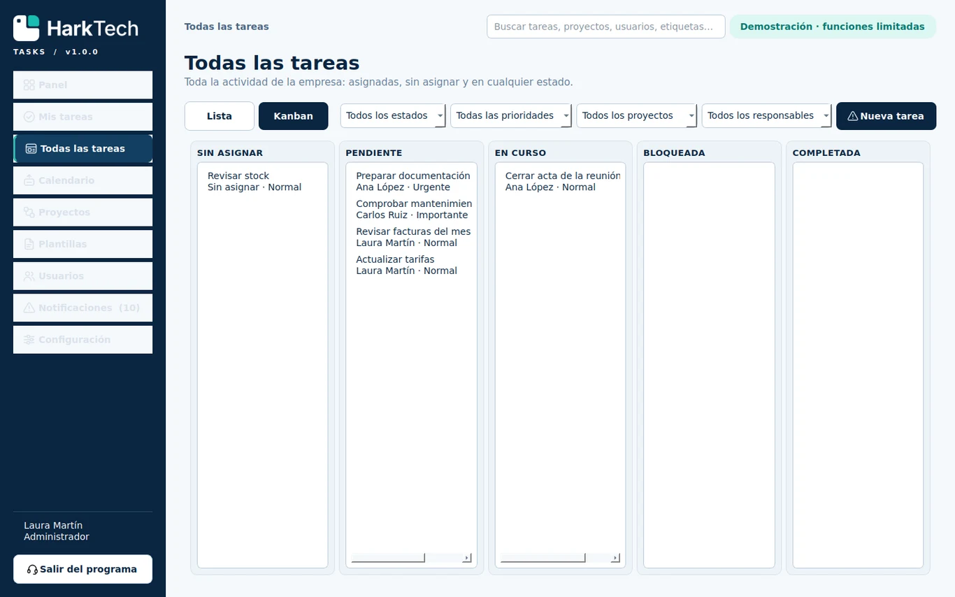 Captura real de HarkTech Tasks: vista Kanban de todas las tareas