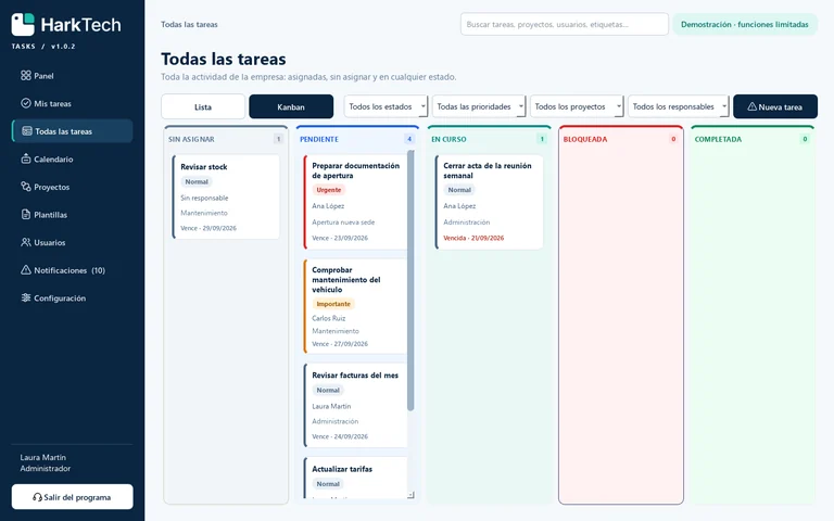 Aktueller Screenshot des Kanban-Boards von HarkTech Tasks