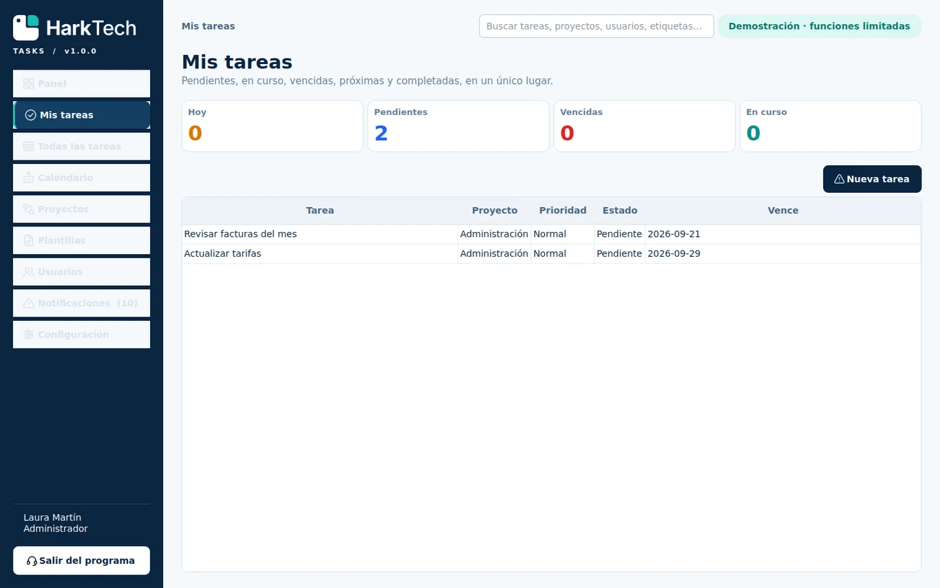 Captura real de HarkTech Tasks: mis tareas