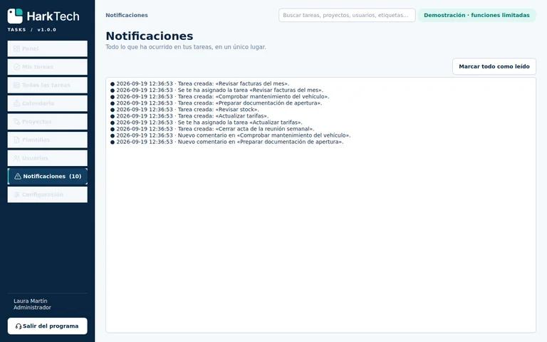 Captura real: centro de notificaciones internas