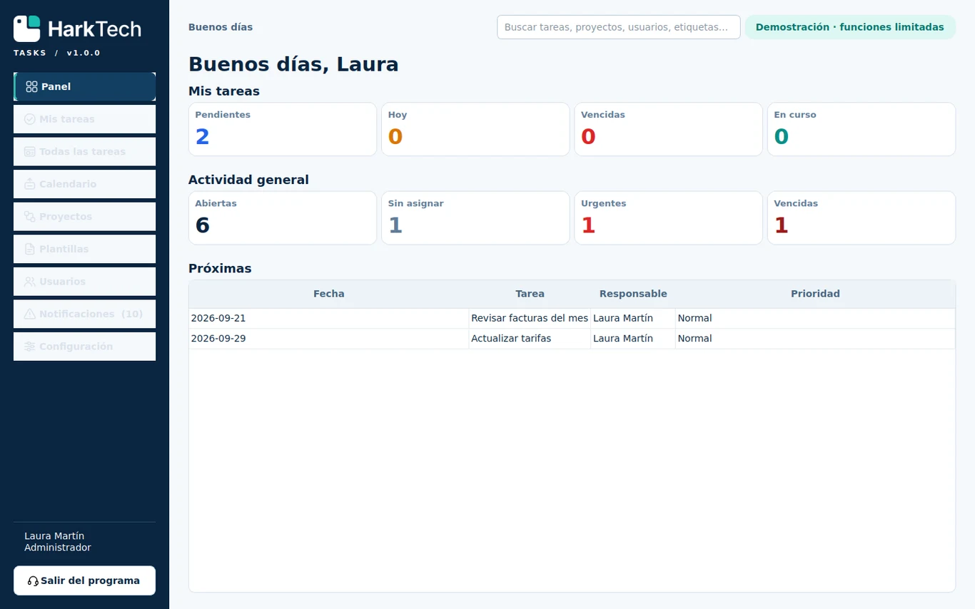Captura real de HarkTech Tasks: panel principal con mis tareas y actividad general