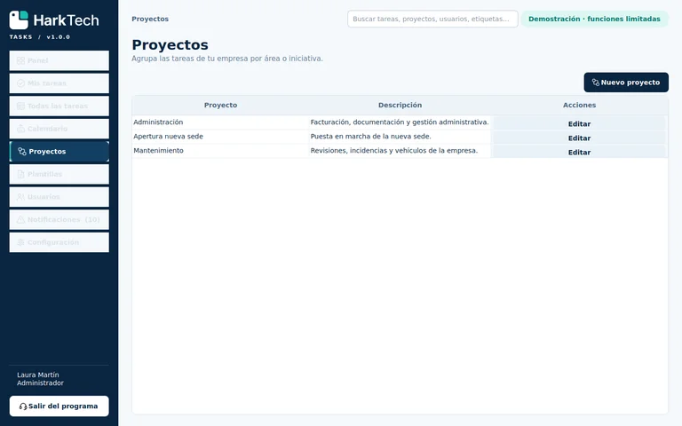 Captura real: proyectos y tableros de la empresa