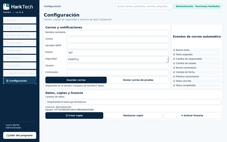 Captura real: configuración de correo y copias de seguridad